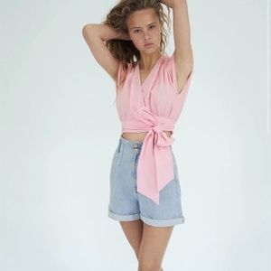 Pink Zara Poplin Wrap Top, Size Large